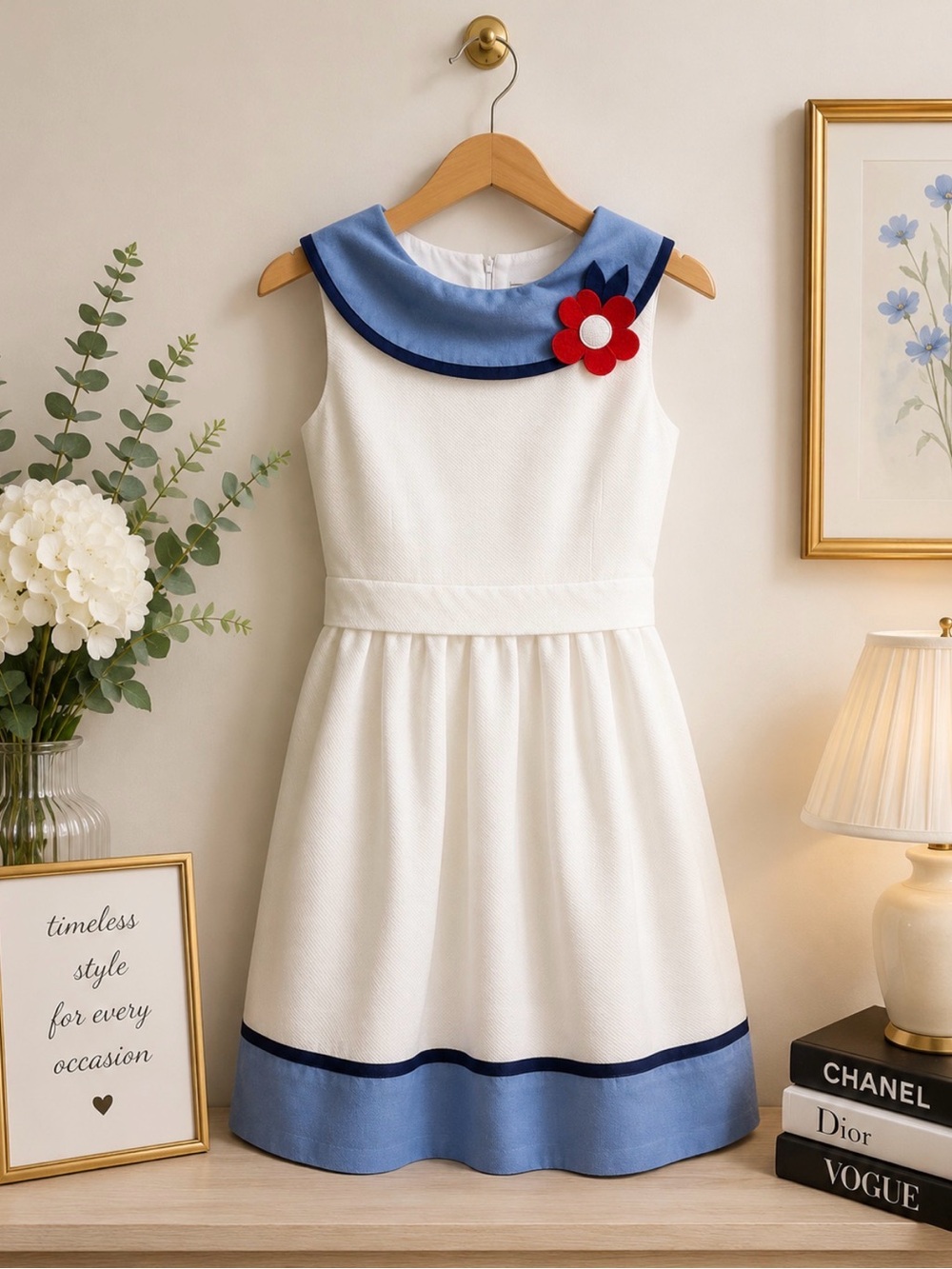 Florence Eiseman White and Blue Sheath Dress Sleeveless size 8
